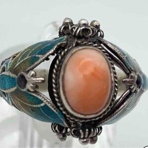 Sterling 925 Silver Angel Skin Coral and Enamel Butterfly 🦋 Ornate Ring 5.5g